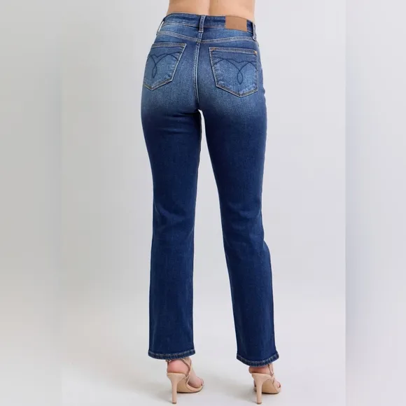 Judy Blue High-Rise Straight Leg Slim Fit Embroidered Jeans Washed Denim Pants