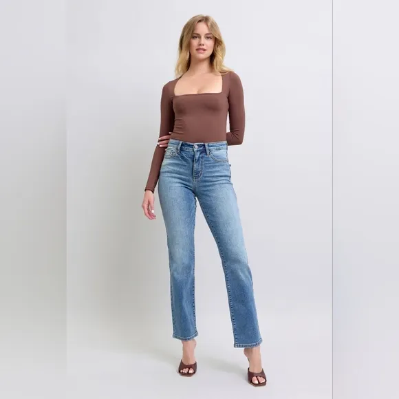 Judy Blue Thermal High-Rise Straight Leg Winter Retro Denim Pants Slim Fit Jeans