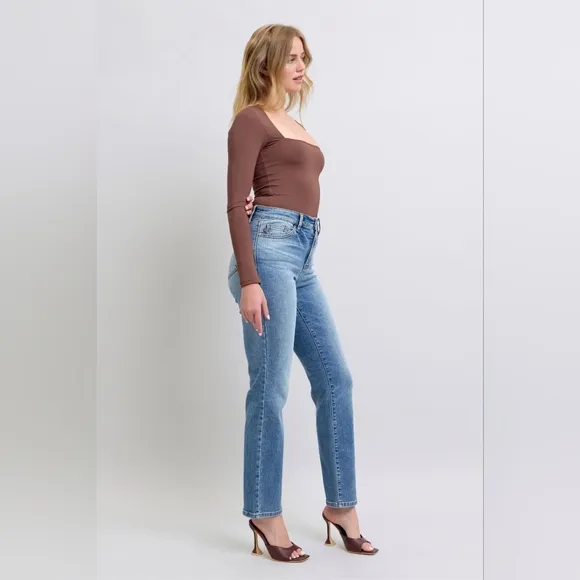 Judy Blue Thermal High-Rise Straight Leg Winter Retro Denim Pants Slim Fit Jeans
