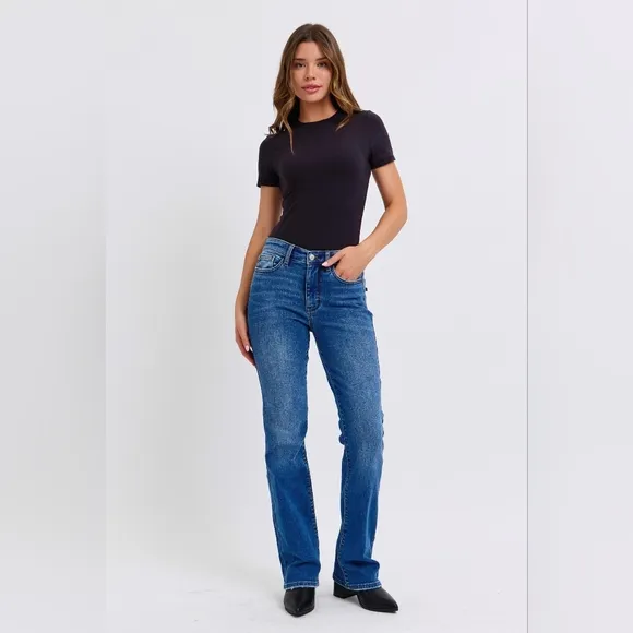 Judy Blue Thermal Mid-Rise Waist Bootcut Jeans Winter Slim Fit Boot Denim Pants