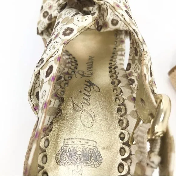 Juicy Couture Tan Medallion Pattern Twist Woven Wedge Chunky Platform Sandals