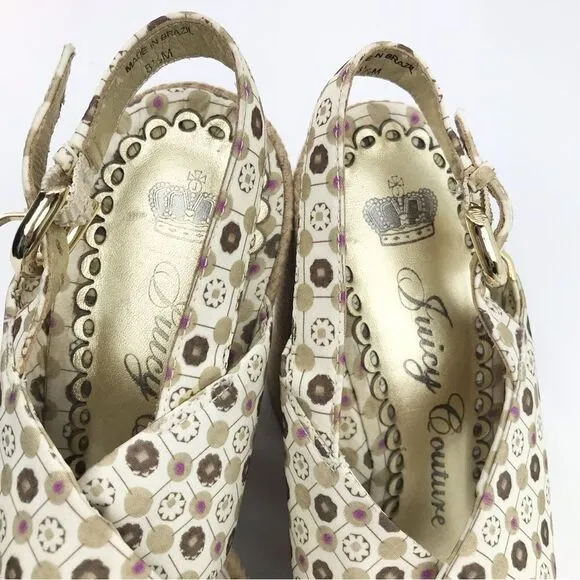 Juicy Couture Tan Medallion Pattern Twist Woven Wedge Chunky Platform Sandals