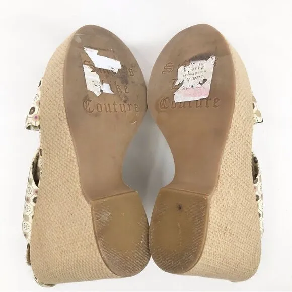 Juicy Couture Tan Medallion Pattern Twist Woven Wedge Chunky Platform Sandals