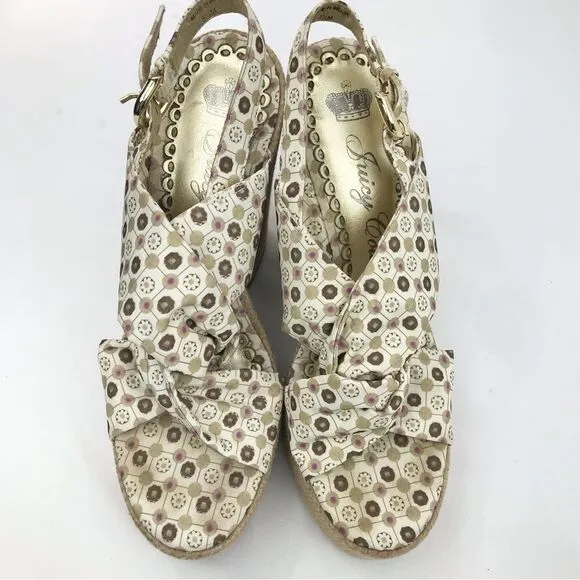 Juicy Couture Tan Medallion Pattern Twist Woven Wedge Chunky Platform Sandals