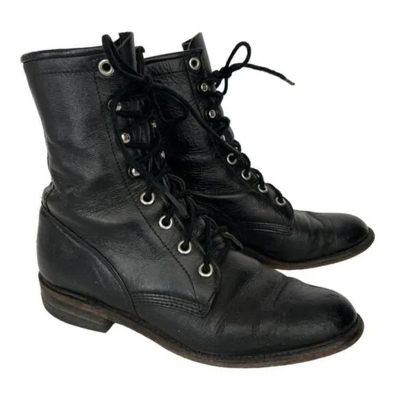 Justin 506 Lace Up Leather Mid-Calf Casual Round Toe Western Boots Black 4