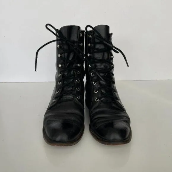 Justin 506 Lace Up Leather Mid-Calf Casual Round Toe Western Boots Black 4