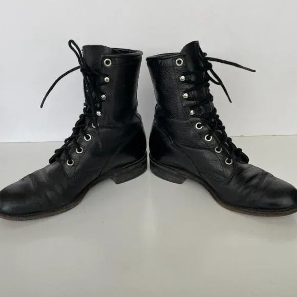 Justin 506 Lace Up Leather Mid-Calf Casual Round Toe Western Boots Black 4