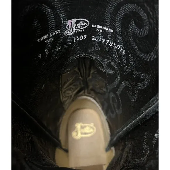 Justin Black London Calf Western Cowboy Boots Men's Size 9 D Model 1409