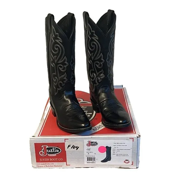 Justin Black London Calf Western Cowboy Boots Men's Size 9 D Model 1409