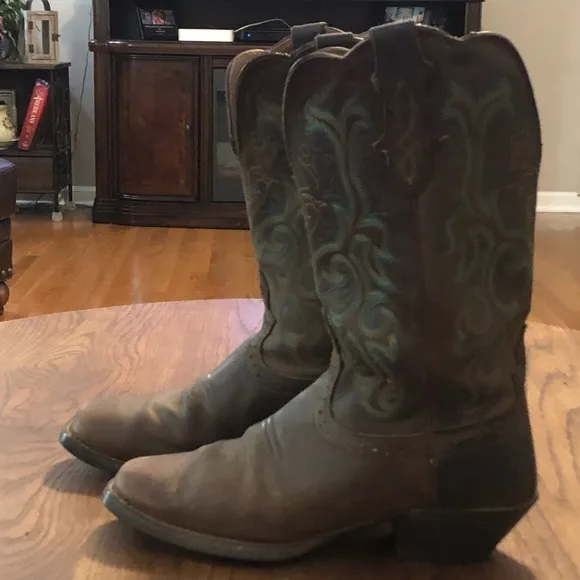 Justin Womens Stampede Brown Leather Square Toe Mid Calf Western Boots 7 1/2