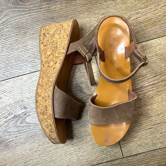 K Jacques Josy Brown Suede Cork Heel Wedge Sandals Size 39/7.5-8US