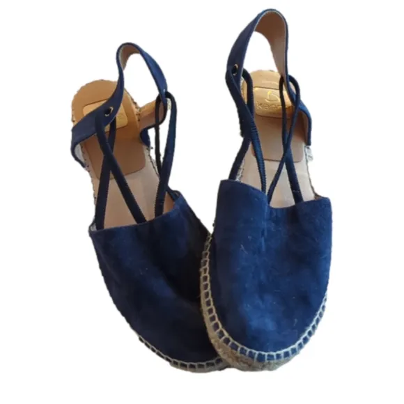 Kanna Darker Blue Leather Sling Back Strappy Espadrille Flats Slip On Size 9.5