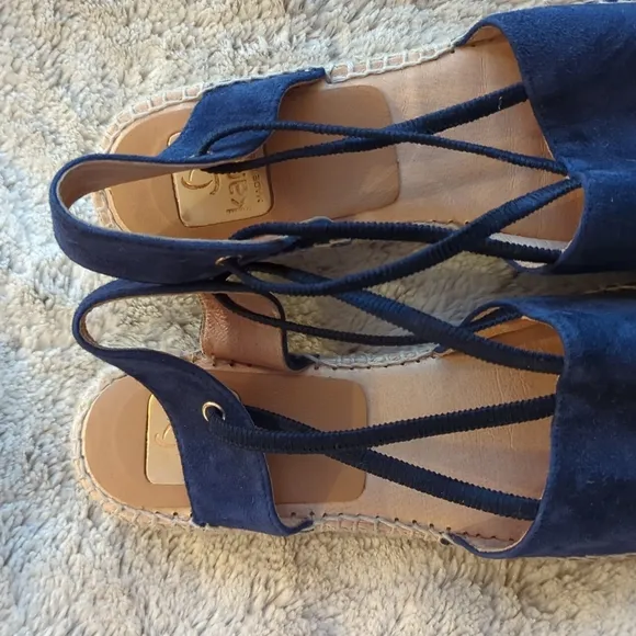 Kanna Darker Blue Leather Sling Back Strappy Espadrille Flats Slip On Size 9.5