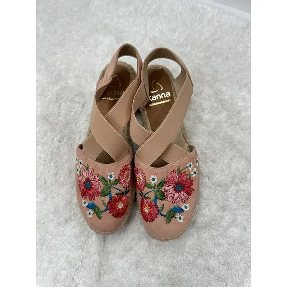 Kanna Pink Floral Embroidered Strappy Espadrilles Flats Made in Spain Size 37 /7