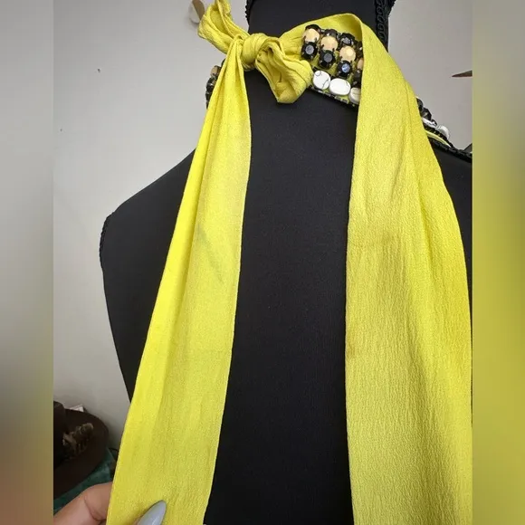 Karina Grimaldi Yellow Silk Maxi Dress XS beaded Backless Gown Boho Glam Resort