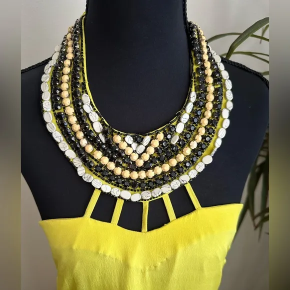 Karina Grimaldi Yellow Silk Maxi Dress XS beaded Backless Gown Boho Glam Resort
