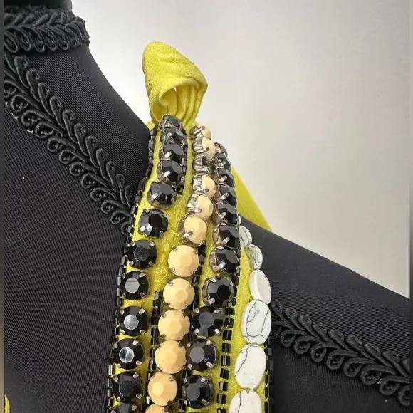 Karina Grimaldi Yellow Silk Maxi Dress XS beaded Backless Gown Boho Glam Resort