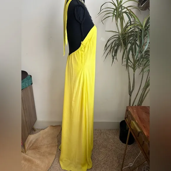 Karina Grimaldi Yellow Silk Maxi Dress XS beaded Backless Gown Boho Glam Resort