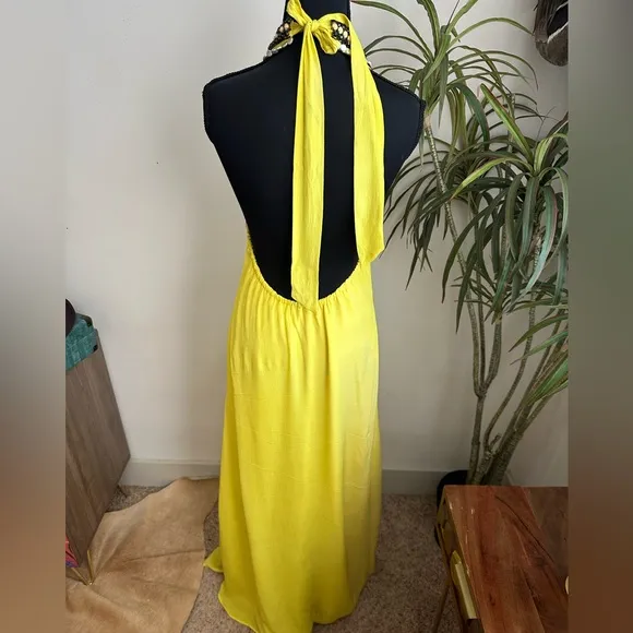 Karina Grimaldi Yellow Silk Maxi Dress XS beaded Backless Gown Boho Glam Resort