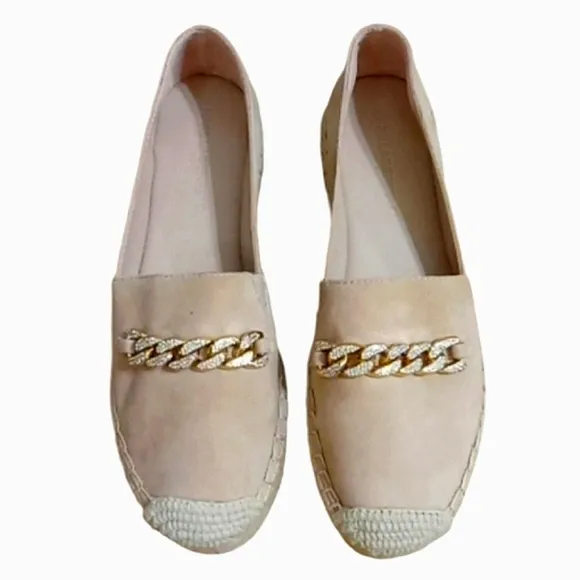 Karl Lagerfeld Moxy Espadrille Loafers Latte Suede Leather Crystal Chain Accent