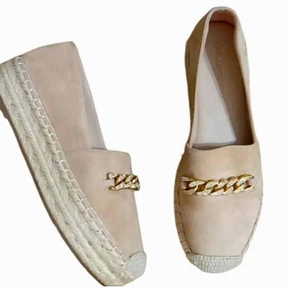 Karl Lagerfeld Moxy Espadrille Loafers Latte Suede Leather Crystal Chain Accent