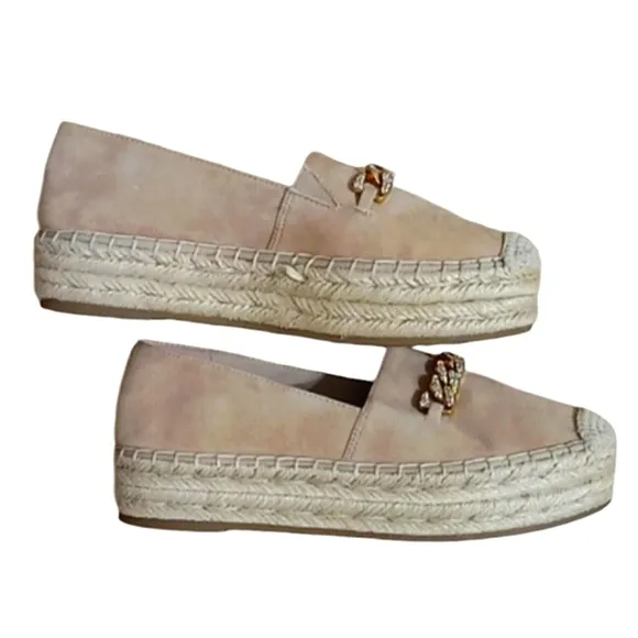 Karl Lagerfeld Moxy Espadrille Loafers Latte Suede Leather Crystal Chain Accent