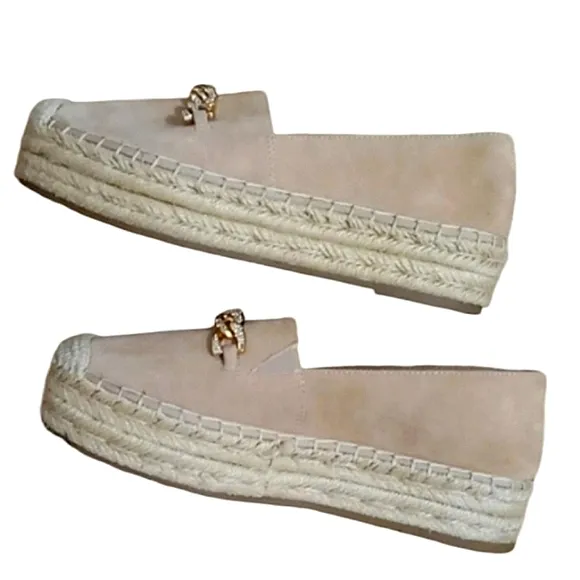 Karl Lagerfeld Moxy Espadrille Loafers Latte Suede Leather Crystal Chain Accent