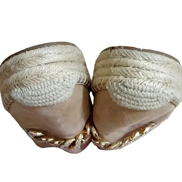 Karl Lagerfeld Moxy Espadrille Loafers Latte Suede Leather Crystal Chain Accent