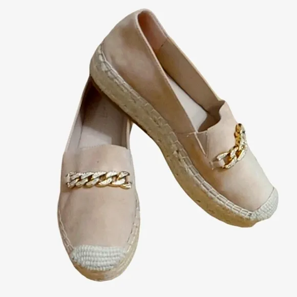 Karl Lagerfeld Moxy Espadrille Loafers Latte Suede Leather Crystal Chain Accent