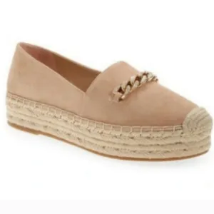 Karl Lagerfeld Moxy Espadrille Loafers Latte Suede Leather Crystal Chain Accent