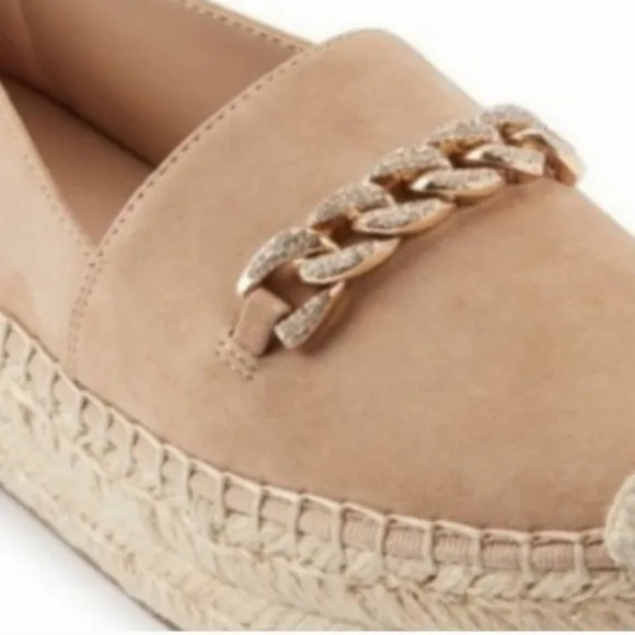 Karl Lagerfeld Moxy Espadrille Loafers Latte Suede Leather Crystal Chain Accent