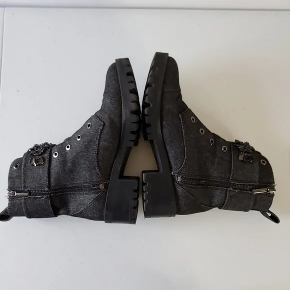 Karl Lagerfeld Paris Embellished Ankle Boots Size 8 Denim Combat Lug Sole
