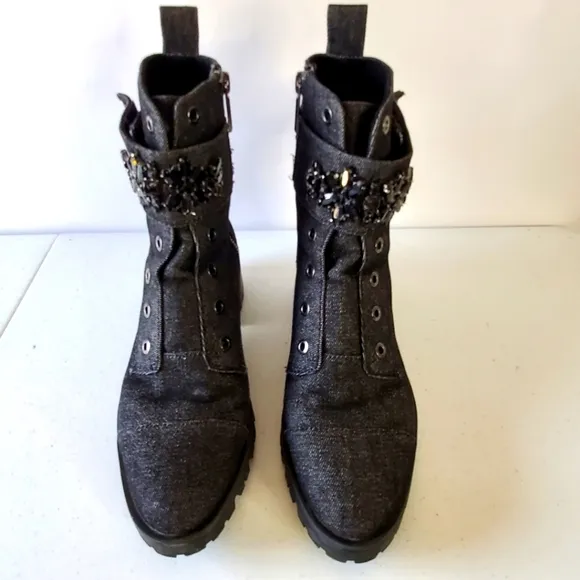 Karl Lagerfeld Paris Embellished Ankle Boots Size 8 Denim Combat Lug Sole
