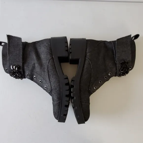 Karl Lagerfeld Paris Embellished Ankle Boots Size 8 Denim Combat Lug Sole