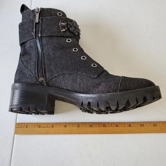 Karl Lagerfeld Paris Embellished Ankle Boots Size 8 Denim Combat Lug Sole