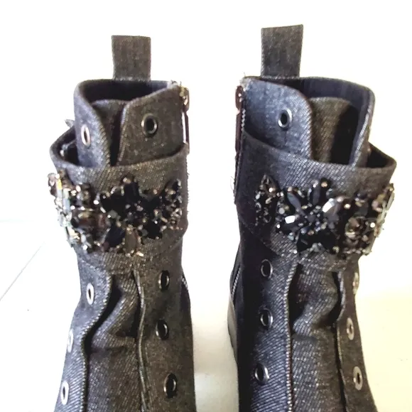 Karl Lagerfeld Paris Embellished Ankle Boots Size 8 Denim Combat Lug Sole