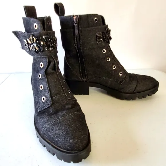 Karl Lagerfeld Paris Embellished Ankle Boots Size 8 Denim Combat Lug Sole