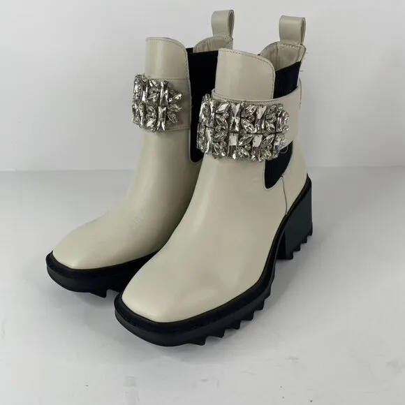 Karl Lagerfeld Paris Ivory Chunky Heel Embellished Platform Combat Boot Size 7.5