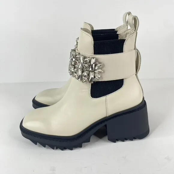 Karl Lagerfeld Paris Ivory Chunky Heel Embellished Platform Combat Boot Size 7.5