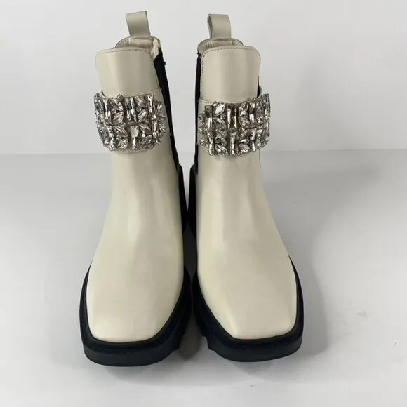 Karl Lagerfeld Paris Ivory Chunky Heel Embellished Platform Combat Boot Size 7.5