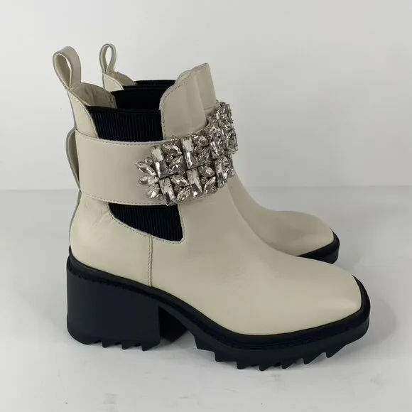 Karl Lagerfeld Paris Ivory Chunky Heel Embellished Platform Combat Boot Size 7.5