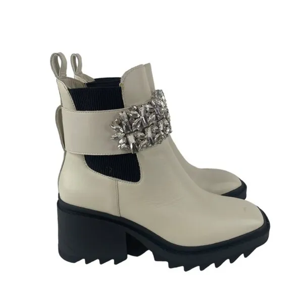 Karl Lagerfeld Paris Ivory Chunky Heel Embellished Platform Combat Boot Size 9.5