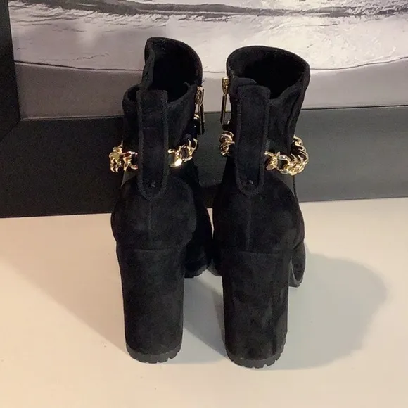 Karl Lagerfeld Paris Lark Black Suede Gold Chain Chunky Heel Lug Boot Sz 7M