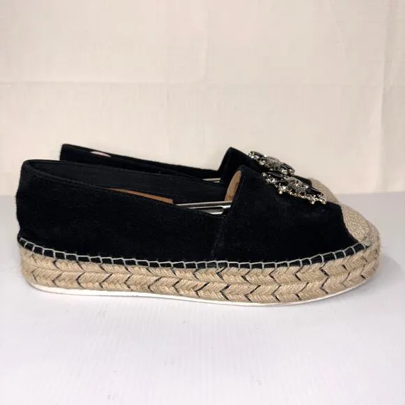 KARL LAGERFELD Paris Rhinestone Black Suede Espadrilles Size 9.5 Dressy Holiday