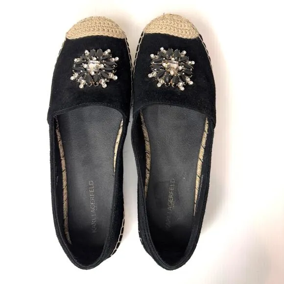 KARL LAGERFELD Paris Rhinestone Black Suede Espadrilles Size 9.5 Dressy Holiday