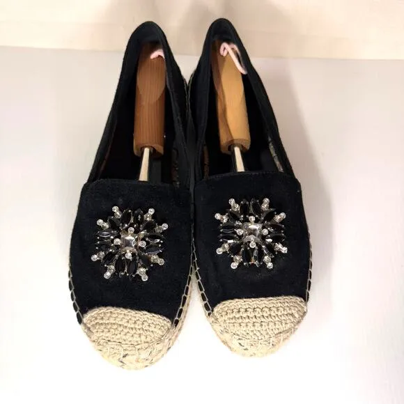 KARL LAGERFELD Paris Rhinestone Black Suede Espadrilles Size 9.5 Dressy Holiday
