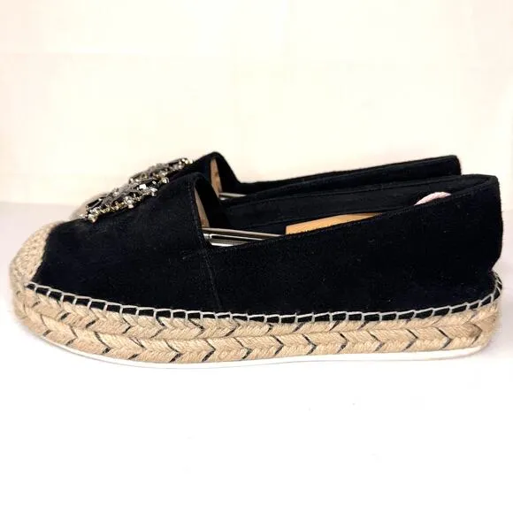 KARL LAGERFELD Paris Rhinestone Black Suede Espadrilles Size 9.5 Dressy Holiday