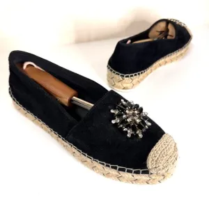 KARL LAGERFELD Paris Rhinestone Black Suede Espadrilles Size 9.5 Dressy Holiday