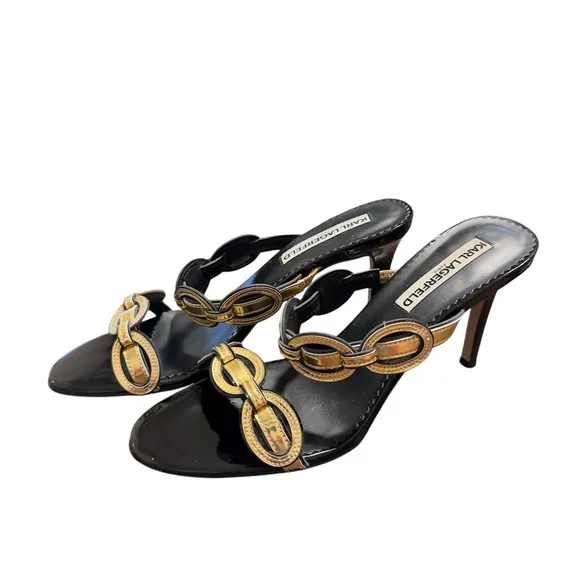 Karl Lagerfeld Paris Womens Black Gold Chain Open Toe Stiletto Slide Sandals