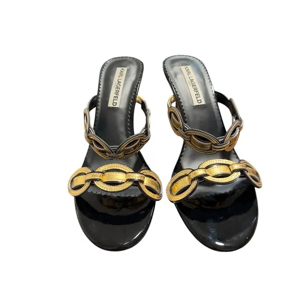 Karl Lagerfeld Paris Womens Black Gold Chain Open Toe Stiletto Slide Sandals